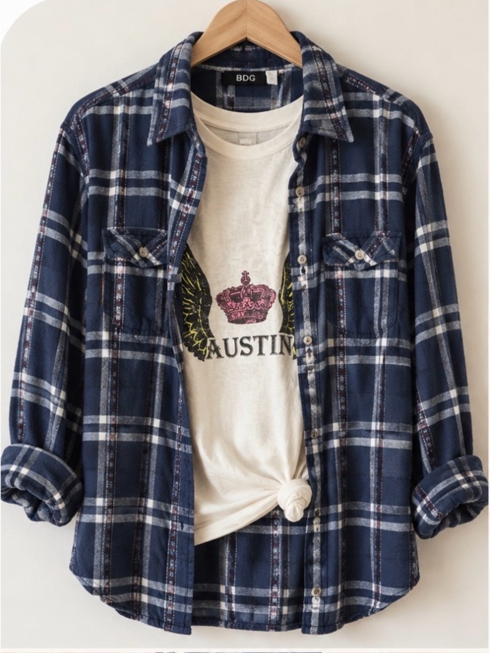 BDG Blue and White Plaid Long-Sleeve Button-Up Shirt